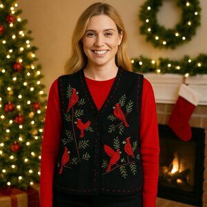 Vintage White Stag Button Up Sweater Vest Cardinals Holiday Cabin Cozy 18W/20W